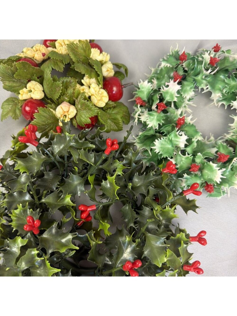 Lot 3 Vintage MCM Plastic Christmas Candle Ring Pillar Holly Popcorn Italy